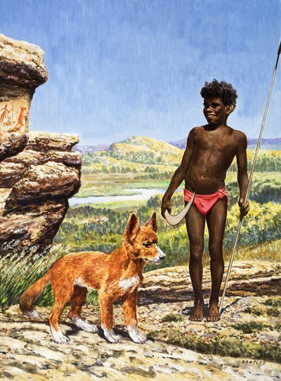 Aboriginaalipoika ja dingo (guassi paperille) tekijältä Eric Tansley