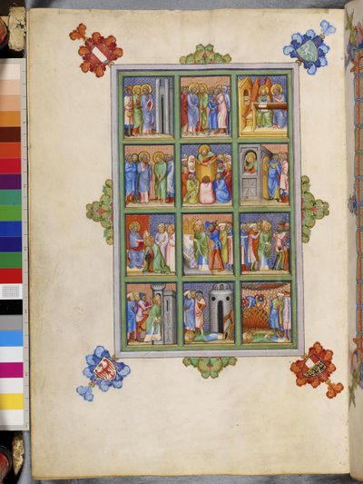 Koko sivu: kaksitoista kohtausta evankelista Markuksen elämästä kehystetyssä taulussa: Pietari ja Markus saapuvat Roomaan tekijältä Erich Lessing