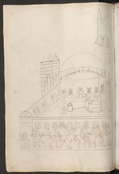 Kynäpiirros: moskeijan sisäpiha tekijältä Erich Lessing