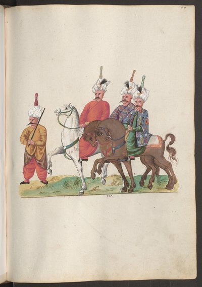 Persian suurlähetystön henkilökunta: kolme korkea-arvoista persialaista hevosen selässä seuralaisensa kanssa. tekijältä Erich Lessing