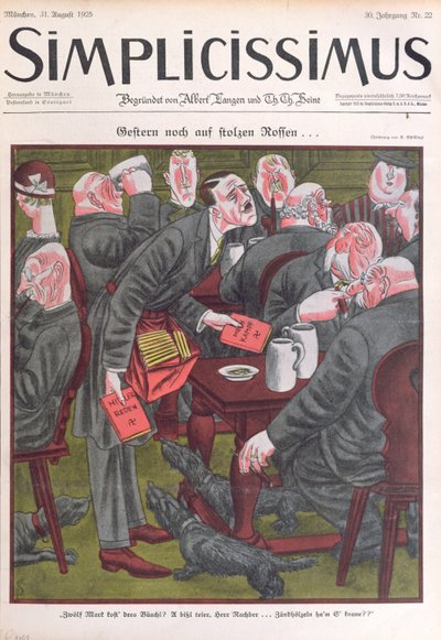 Adolf Hitler (1889-1945) myy kappaleita "Mein Kampfista" Münchenin oluthalleissa, "Simplicissimus"-lehden kansi, 25. elokuuta 1925 (värilitho) tekijältä Erich Schilling