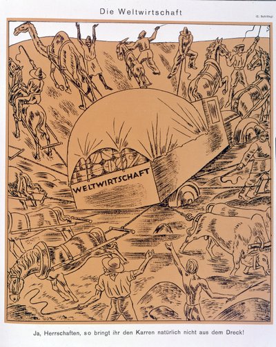 Satiiri globaalin talouden teemasta, Simplicissimus, c. 1930 (litografia) tekijältä Erich Schilling