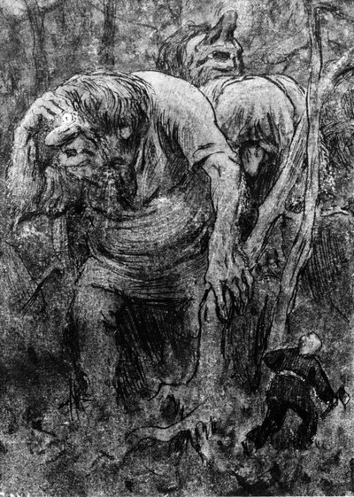 Pikkupojat tapaavat peikot Hedalsin metsässä (piirros) tekijältä Erik Theodor Werenskiold