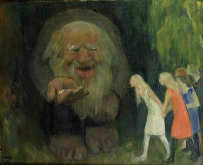 Peikko houkutteli tytöt kullalla (öljy kankaalle) tekijältä Erik Theodor Werenskiold
