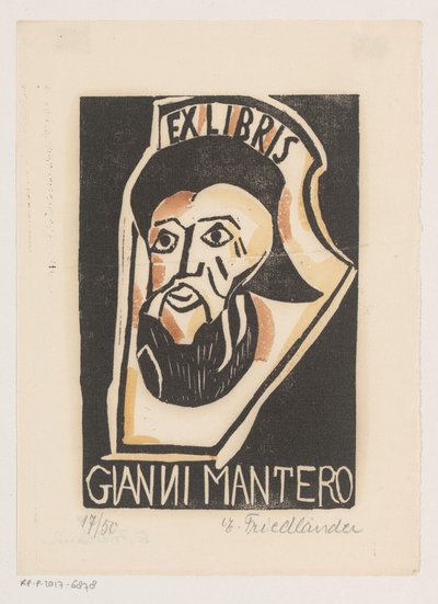Ex libris Gianni Manterosta tekijältä Erna Levy Friedländer (signed by artist)