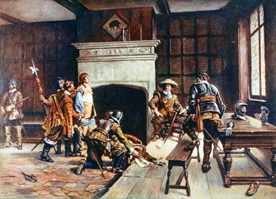 Oliver Cromwell (1599-1658) Blue Boarissa Holbornissa, kuvitus teoksesta "Lives of Great Men Told by Great Men", toimittanut Richard Wilson, noin 1920-luku (värilitho) tekijältä Ernest (after) Crofts