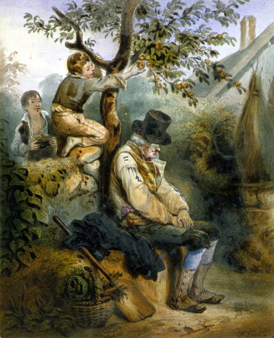 Lapset varastamassa omenoita nukkuvan maanviljelijän nenän alle - Grenierin litografia, v.1840 tekijältä Ernest (after) Grenier