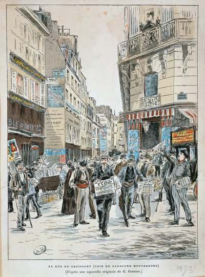 Ranska, Pariisi, sanomalehtimyyjä rue du Croissantissa rue du Faubourg Montmartren kulmassa Pariisissa kirjoittanut Ernest Grenier, vedos vesiväristä tekijältä Ernest (after) Grenier