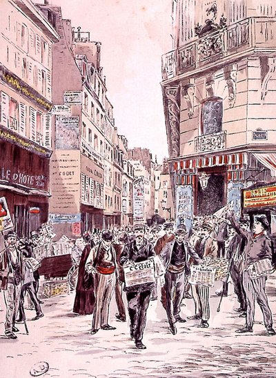 uutismyyjät Pariisin kaduilla vuonna 1893, kaiverrus tekijältä Ernest (after) Grenier