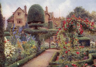 Delphiniums ruohorajalla Levens Hallissa (värilitho) tekijältä Ernest Arthur Rowe
