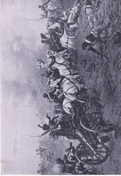 52. Oxfordshiren kevyen jalkaväkirykmentin ranskalaisen patterin valtaaminen Waterloossa 18. kesäkuuta 1815, kuvitus teoksesta British Battles on Land and Sea , 1915. tekijältä Ernest Crofts