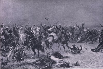 Kings Own Light Dragons -hyökkäys Mudkissa, kuvitus brittiläisistä taisteluista maalla ja merellä, 1915 tekijältä Ernest Crofts