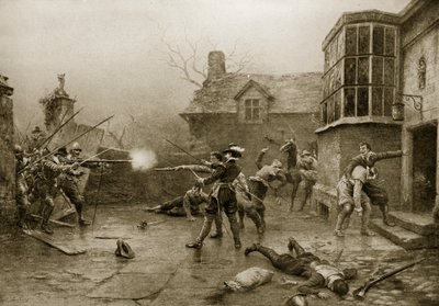 Gunpowder Conspiratorsin viimeinen osasto, 1606, kuvitus teoksesta "Hutchinson