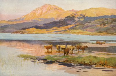 Loch Quoichin pää, ilta (värilitografia). tekijältä Ernest Edward Briggs