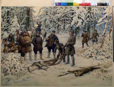 Onnistuneen metsästyksen jälkeen. Metsästäjäryhmät keräävät riistaa (susia) torvea puhaltavan ratsastajan merkiksi. Ernest Ernestovich Lissnerin (1874-1941) maalaus öljy kankaalle tekijältä Ernest Ernestovich Lissner