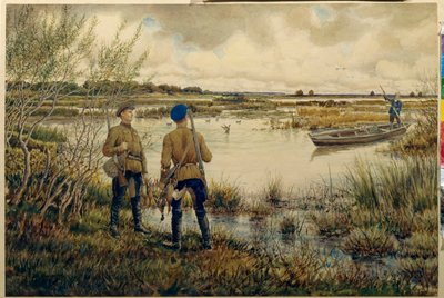 Paluu metsästyksestä - (metsästäjät varusteineen, seisovat järven rannalla, odottavat toveria veneessä, vastaa kalastuksesta, ankat) - Paluu metsästyksestä - Ernest Ernestovich Lissnerin (1874-1941) työ , aq tekijältä Ernest Ernestovich Lissner