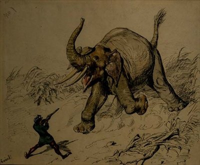 Elephant Shoot (kynä ja muste, akvarelli paperille) tekijältä Ernest Henry Griset