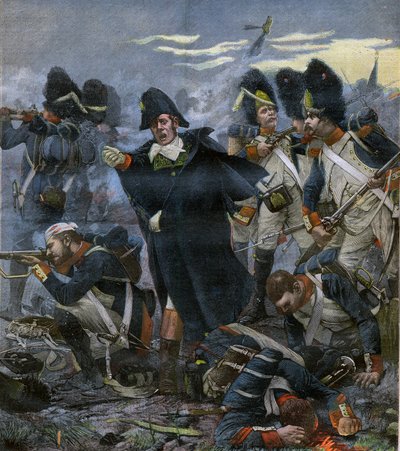 Kenraali Pierre Cambronne (1770-1842) joukkojensa rinnalla Waterloon taistelussa - kaiverrus Delahayen, Ernest Jeanin (1855-1921) mukaan - tekijältä Ernest Jean Delahaye