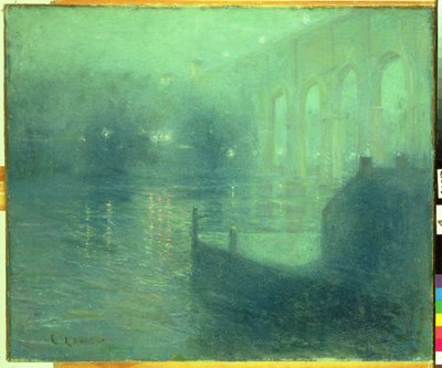 Harlem River at Night, Blue Reflection (öljy kankaalle) tekijältä Ernest Lawson