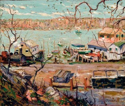 River Scene – veneitä ja taloja tekijältä Ernest Lawson