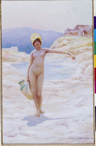 Algerialaistytöllä on kannu Alaston tyttö, jolla on hattu yllään, vesikannu yllään lähellä erämaan keitaan vesilähdettä. Akvarelli Louis Ernest Lessieux (1874-1925) Pakollinen maininta: Collection fondation regards de Provence, Marseille tekijältä Ernest Louis Lessieux