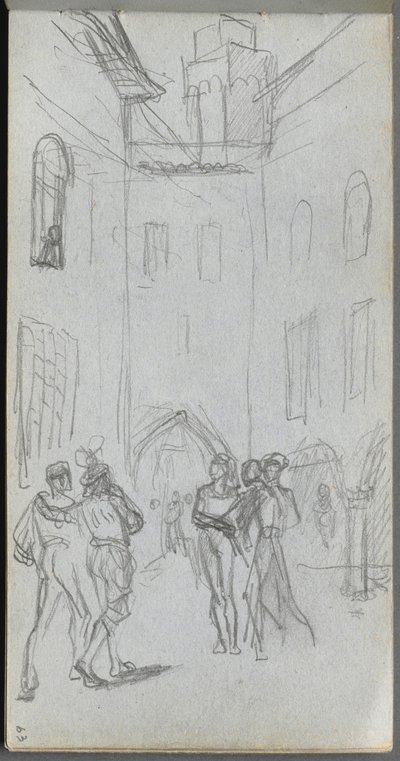 Luonnoskirja, sivu 63: Figuurit pihalla tekijältä Ernest Meissonier