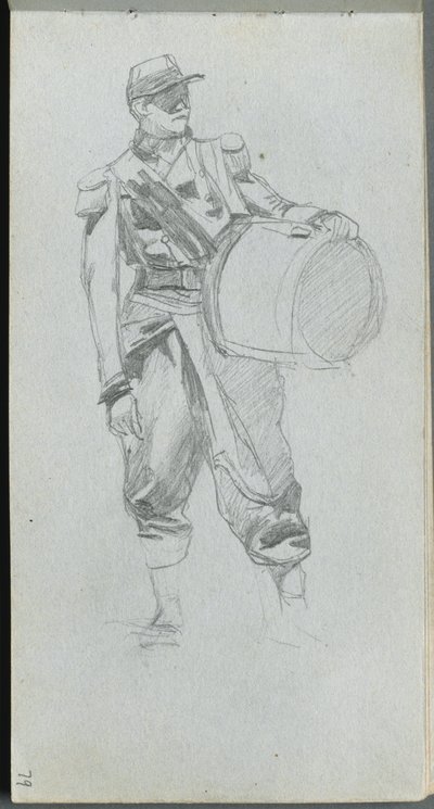 Luonnoskirja, sivu 79: Sotilas rummun kanssa. tekijältä Jean Louis Ernest Meissonier