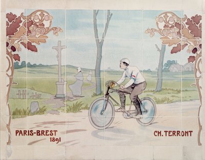 Charles Terront kilpaili ensimmäisessä pitkän matkan pyöräilykilpailussa Pariisin ja Brestin välillä vuonna 1891. tekijältä Ernest Montaut