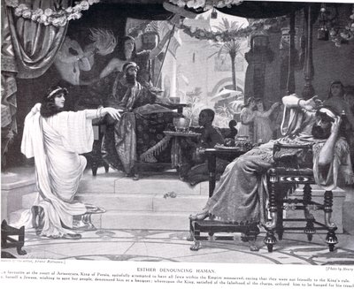 Esther tuomitsemassa Hamanin, kuva "Hutchinsons History of the Nations" -julkaisusta, n. 1910 tekijältä Ernest Normand