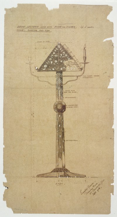 Suunnittelu Ebony Lecternille, upotekoristeinen Bone & Silver St. Andrews Churchille, Roker 1906 (kynä ja muste paperille) tekijältä Ernest William Gimson