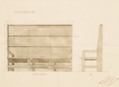 Design for Settle in English Oak, 1909 (kynä ja wc paperilla) tekijältä Ernest William Gimson
