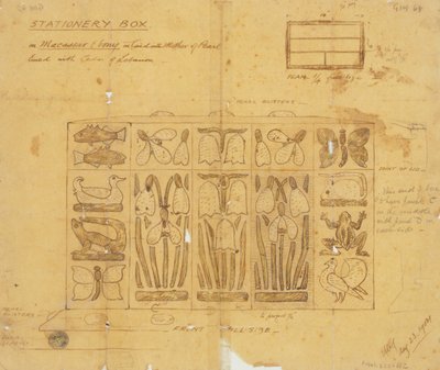 Suunnittelu paperitavaralaatikolle Macassar Ebonysta helmiäiskoristeella, 1904 tekijältä Ernest William Gimson