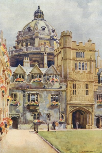 Brasenose College ja Radcliffe Library Rotunda (värilitho) tekijältä Ernest William Haslehust