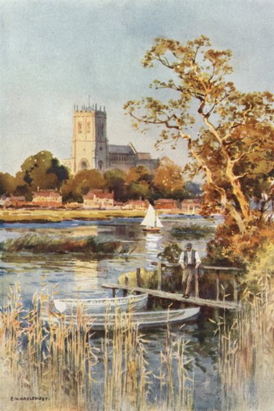 Christchurch Priory Wick Ferryltä (väri litho) tekijältä Ernest William Haslehust