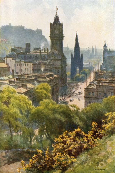 Princes Street Calton Hillistä (väri litho) tekijältä Ernest William Haslehust