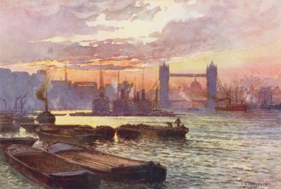 Thames-joki: Tower Bridge (värilitografia) tekijältä Ernest William Haslehust