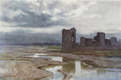 Sands of Dee, Flint Castle (väri litho) tekijältä Ernest William Haslehust