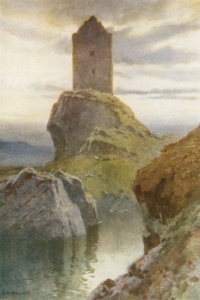 Smailholm Tower (väri litho) tekijältä Ernest William Haslehust