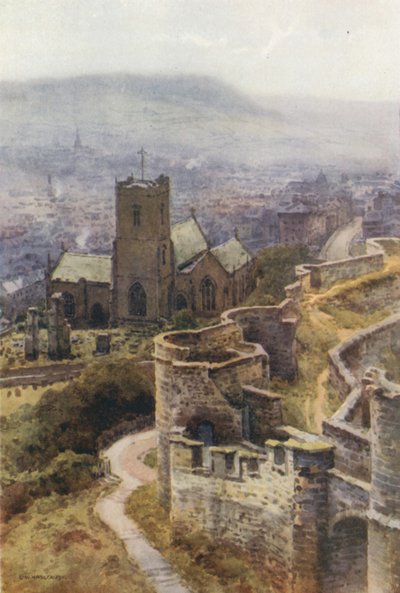 Pyhän Marian kirkko linnan muureilta (väri litho) tekijältä Ernest William Haslehust