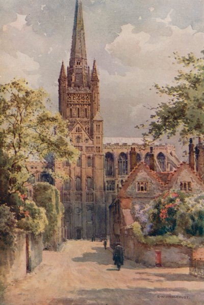 Cathedral Precincts, Norwich (väri litho) tekijältä Ernest William Haslehust