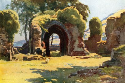 Lindores Abbeyn rauniot (väri litho) tekijältä Ernest William Haslehust
