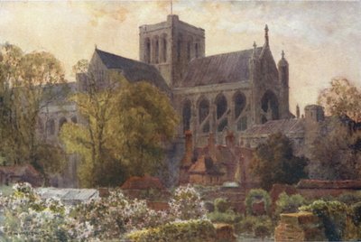 Winchesterin katedraali Deanery Gardensista (väri litho) tekijältä Ernest William Haslehust