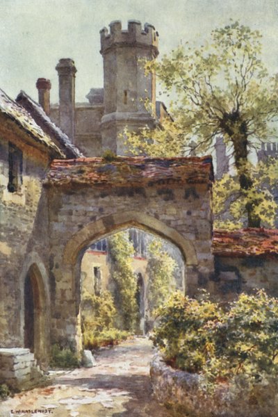 Winchester College: The Outer Gateway from "Arcadia" (väri litho) tekijältä Ernest William Haslehust