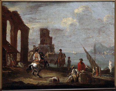 Maisema raunioilla lähellä merta Ernesto Monsu Daretin maalaus (1600-luku) Aurinko 40x50 cm Genes, Musei di Strada Nuova (ex Palazzo Bianco) tekijältä Ernest called Monsu Ernesto Daret
