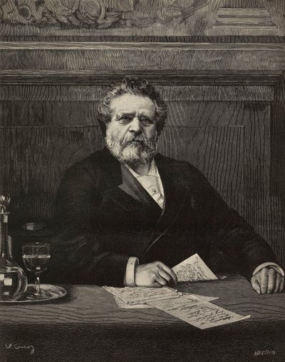 Giosue Carducci (1835-1907), italialainen runoilija ja kirjailija, Nobel-palkittu 1906, kaiverrus Ernesto Mancastroppa Vittorio Corcosin maalauksesta, L