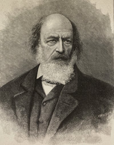 Alfred Tennysonin (1809-1892), brittiläisen runoilijan muotokuva, Ernesto Mancastroppan kaiverrus Barraudin valokuvasta, L