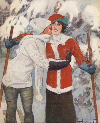 Pari hiihtää talvella (väri litho) tekijältä Ernst (after) Heilemann