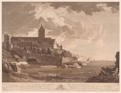 Näkymä Valkhofille Nijmegenissä Valkhof Nijmegenissä, vuoden 1784 tulvan tuhoaman talon vieressä, itään (otsikko esineessä) tekijältä Ernst Karl Gottlieb Thelott
