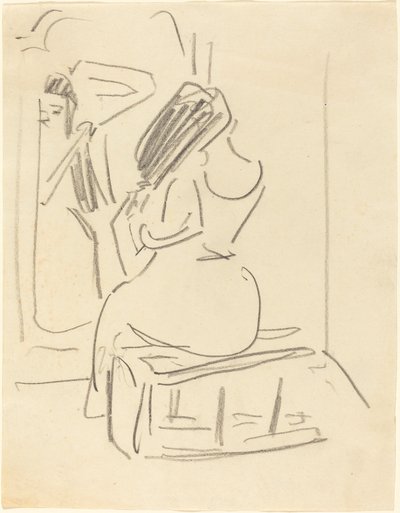 Nainen kampaamassa hiuksiaan peilin edessä, 1800-luvun loppu - 1900-luvun alku. tekijältä Ernst Ludwig Kirchner