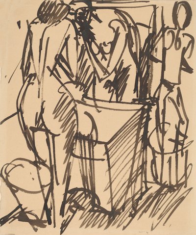 Alaston peilin kanssa seisomassa pesupöydän edessä, 1908-1910. tekijältä Ernst Ludwig Kirchner